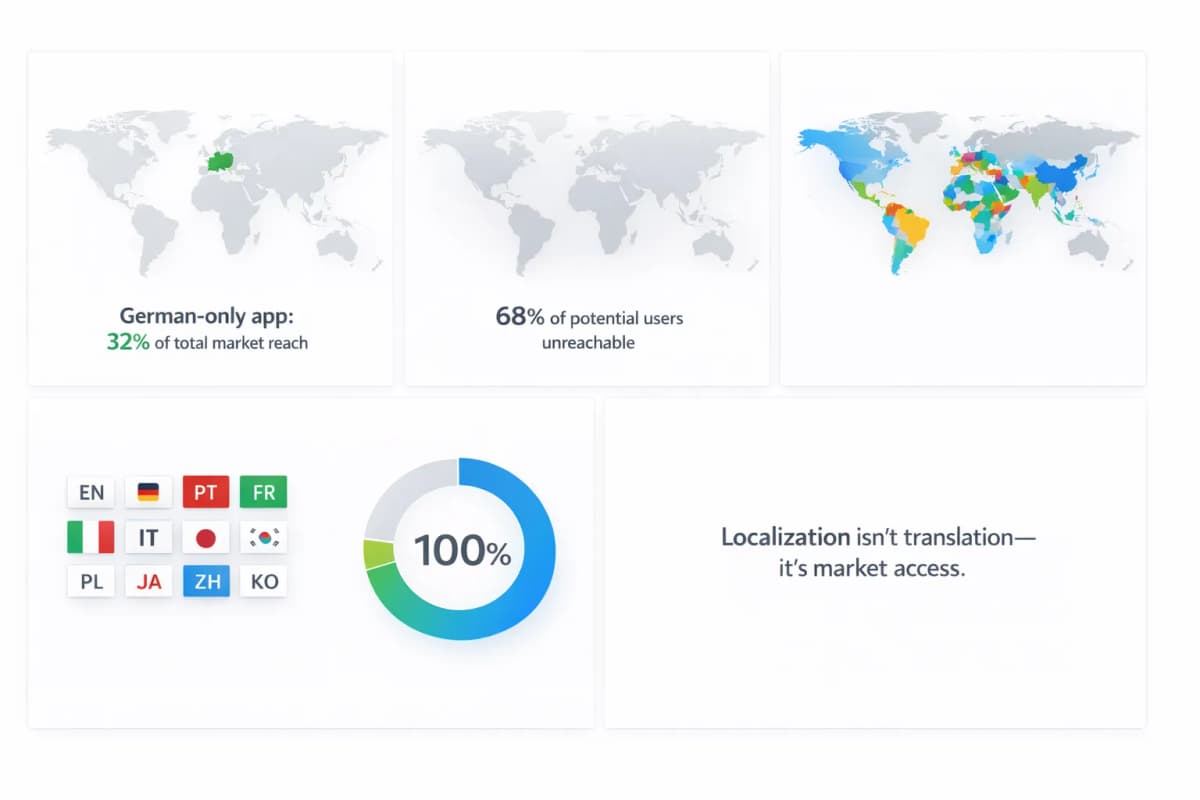 App-Lokalisierung Infografik zeigt Wachstum von 32% auf 100% Marktreichweite