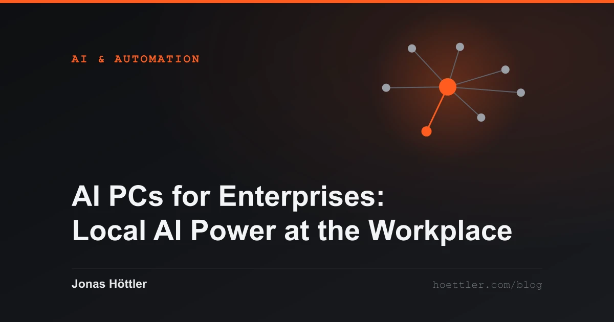 Abstract network of nodes with one highlighted hub as the cover image for the article „AI PCs for Enterprises: Local AI Power at the Workplace“
