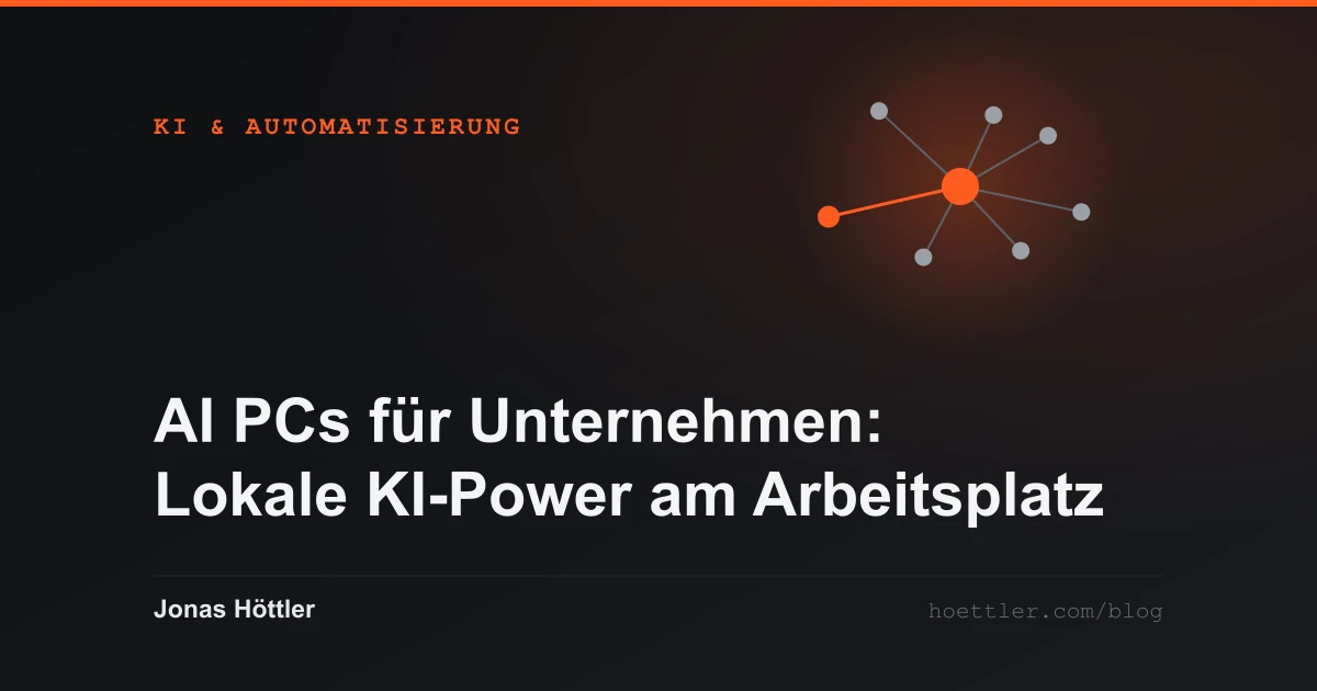 Abstraktes Netz aus Knoten mit einem hervorgehobenen Zentrum als Titelbild zum Artikel „AI PCs für Unternehmen: Lokale KI-Power am Arbeitsplatz“