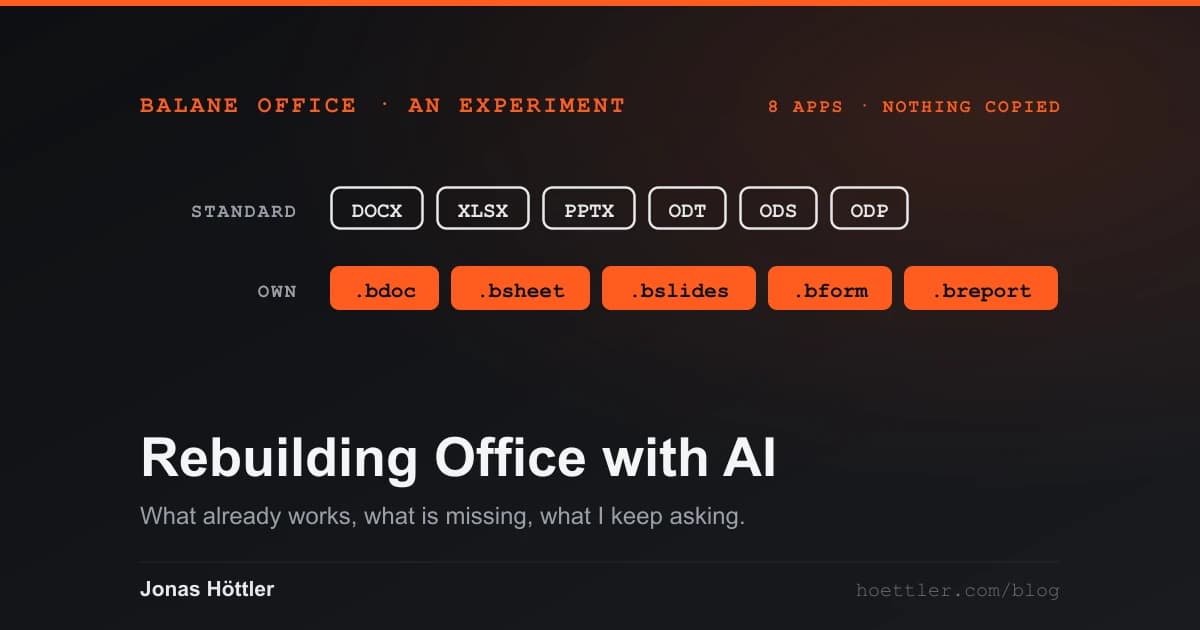 Dark background with two rows of file extensions. On top the standards DOCX, XLSX, PPTX, ODT, ODS and ODP as light outlines, below the suite's own formats .bdoc, .bsheet, .bslides, .bform and .breport in orange. Below them the title “Rebuilding Office with AI”.