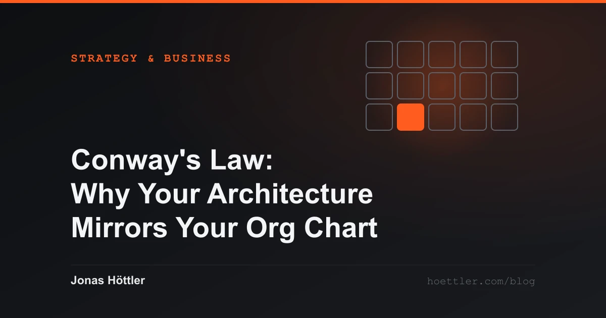 A grid of cells with a single cell claimed in colour as the cover image for the article „Conway's Law: Why Your Architecture Mirrors Your Org Chart“