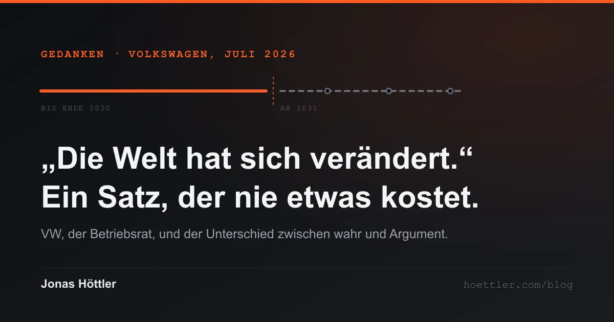 Ein Zeitstrahl mit einer harten Naht: Bis Ende 2030 verläuft er als durchgezogene Linie mit der Aufschrift Beschäftigungssicherung, ab 2031 bricht er ab und wird zu vier abgeblendeten Werksnamen.
