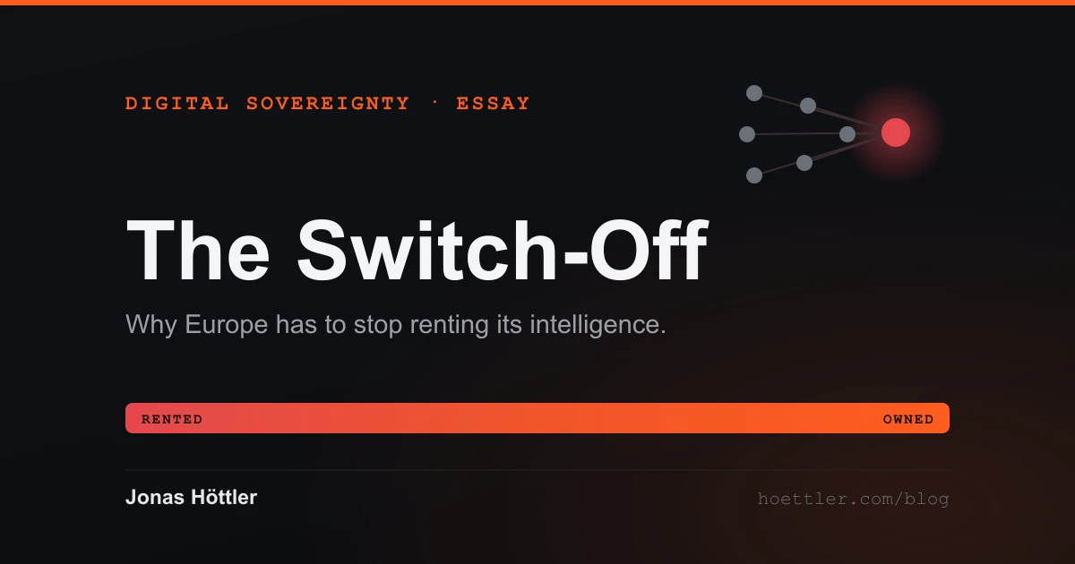 A single-point-of-failure node diagram feeding one red hub, above a 'rented to owned' spectrum bar — the case for European digital sovereignty