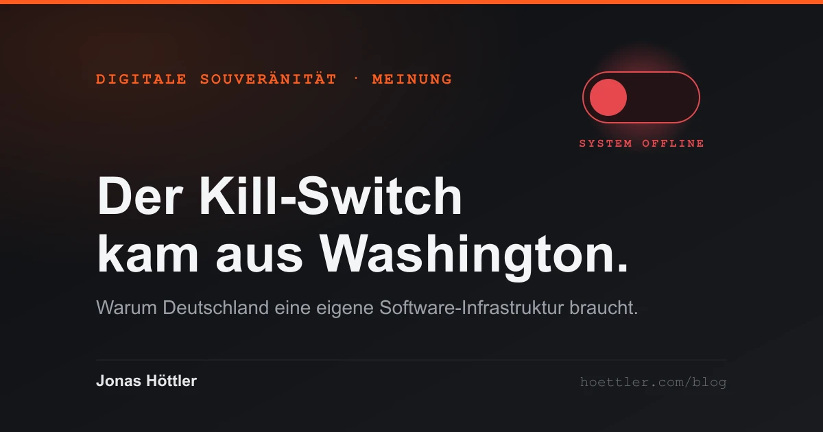 Roter Kill-Switch in Aus-Position mit dem Hinweis 'System Offline' — Sinnbild für die Abhängigkeit Deutschlands von US-Software und KI