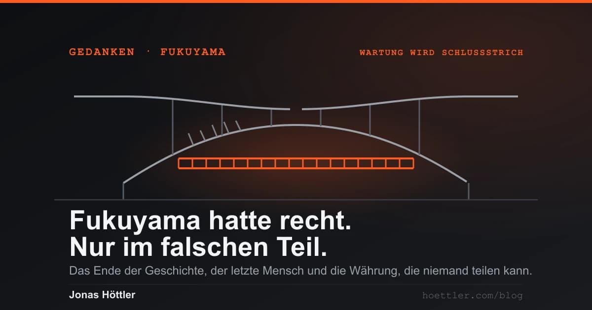 Ein Brückenbogen, dessen Wartungsstriche sich abgelöst haben und darunter als oranger Schlussstrich liegen, während die Fahrbahn im Scheitel aufreißt.