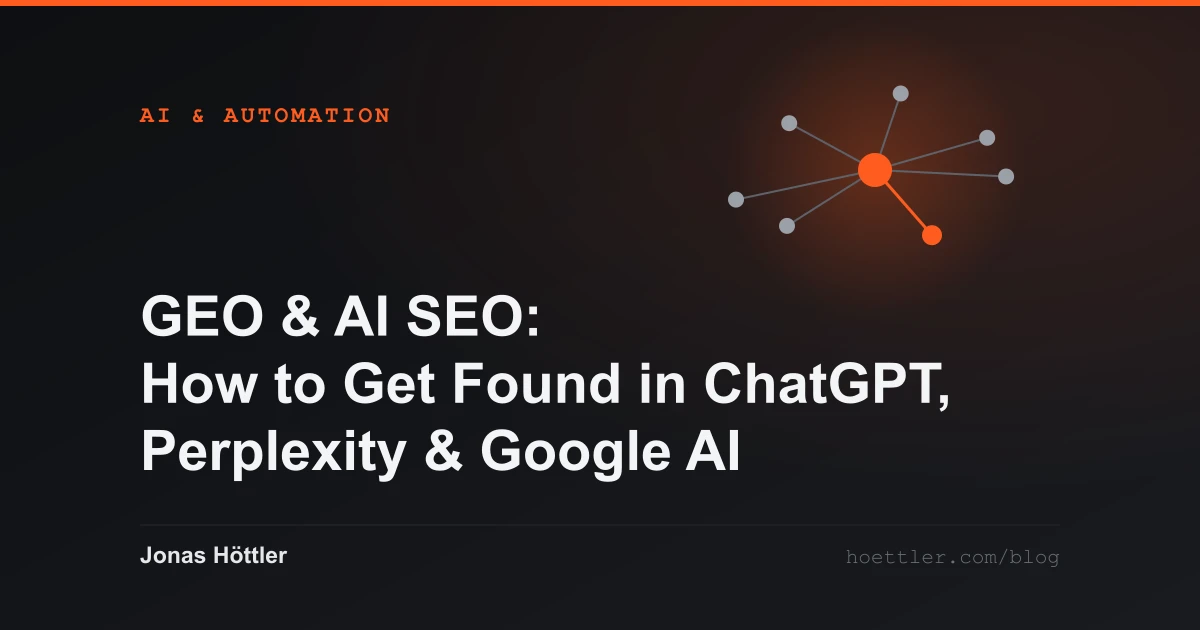 Abstract network of nodes with one highlighted hub as the cover image for the article „GEO & AI SEO: How to Get Found in ChatGPT, Perplexity & Google AI (2026)“