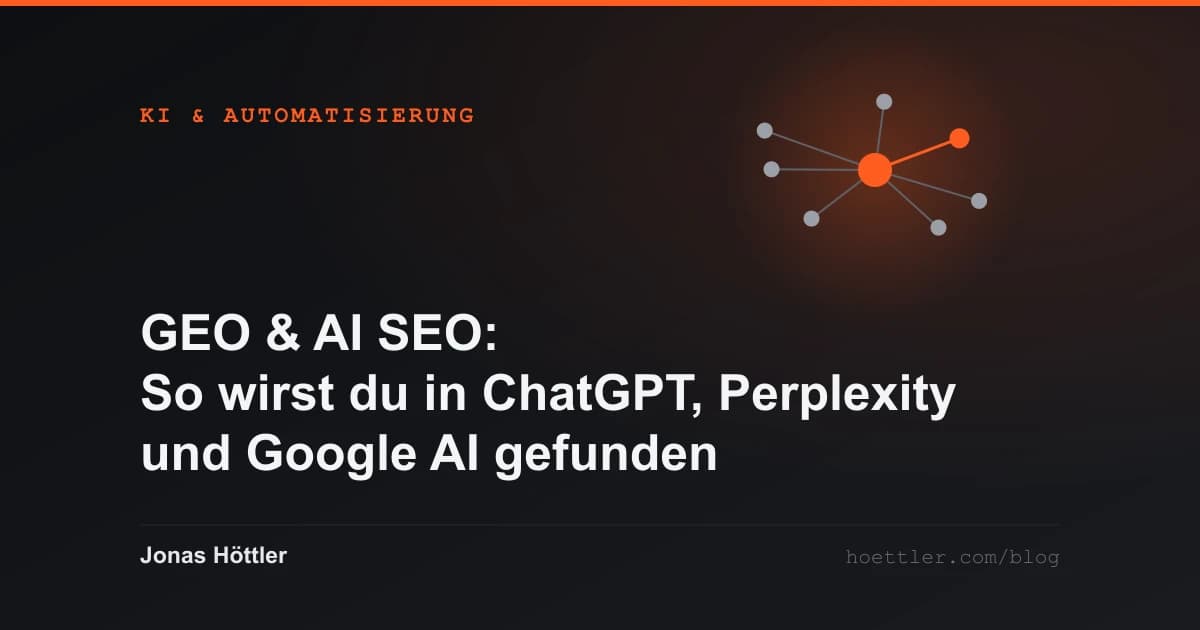 Abstraktes Netz aus Knoten mit einem hervorgehobenen Zentrum als Titelbild zum Artikel „GEO & AI SEO: So wirst du in ChatGPT, Perplexity und Google AI gefunden (2026)“