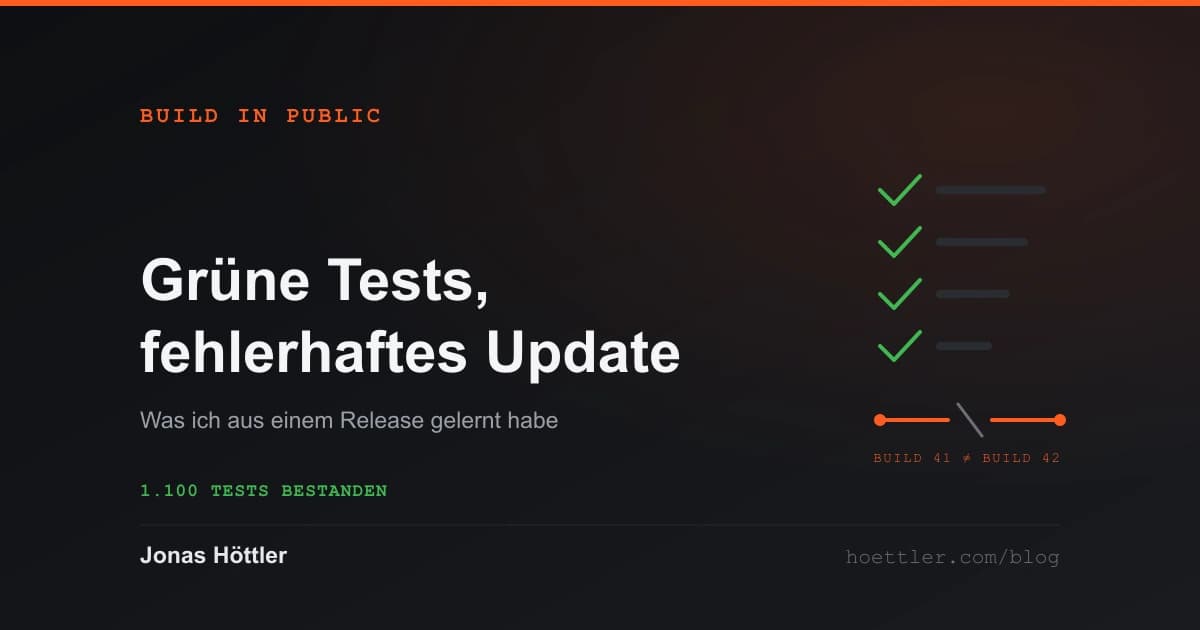 Vier grüne Häkchen über einer unterbrochenen Verbindungslinie mit der Beschriftung Build 41 ungleich Build 42, Titelbild zum Artikel über ein fehlerhaftes App-Update