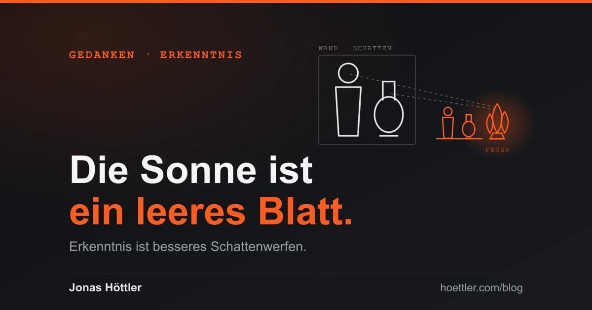 Strichzeichnung im Tusche-Stil: rechts ein Feuer, das über zwei kleine ausgeschnittene Figuren die stark vergrößerten Schatten einer Gestalt und eines Kruges auf eine Wand wirft.
