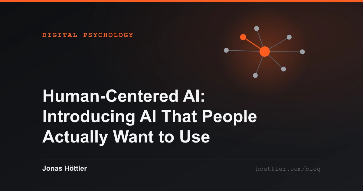 Abstract network of nodes with one highlighted hub as the cover image for the article „Human-Centered AI: Introducing AI That People Actually Want to Use“