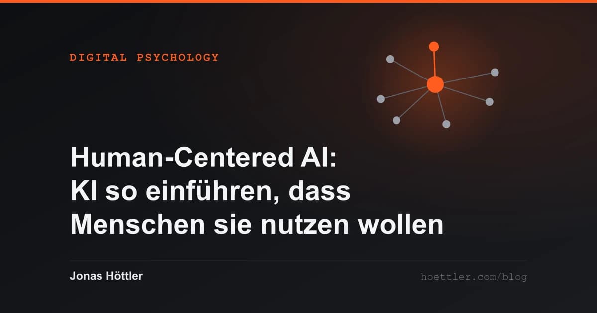 Abstraktes Netz aus Knoten mit einem hervorgehobenen Zentrum als Titelbild zum Artikel „Human-Centered AI: KI so einführen, dass Menschen sie nutzen wollen“