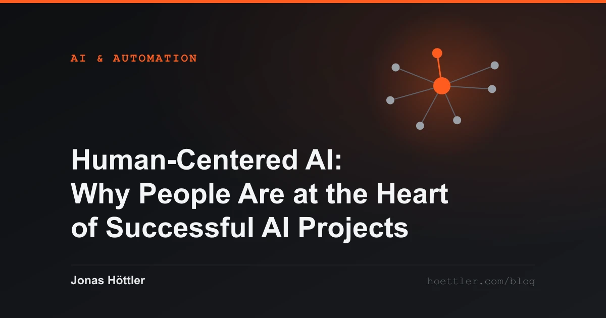 Abstract network of nodes with one highlighted hub as the cover image for the article „Human-Centered AI: Why People Are at the Heart of Successful AI Projects“