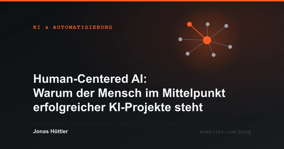 Abstraktes Netz aus Knoten mit einem hervorgehobenen Zentrum als Titelbild zum Artikel „Human-Centered AI: Warum der Mensch im Mittelpunkt erfolgreicher KI-Projekte steht“