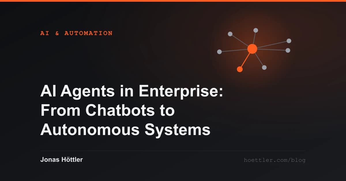 Abstract network of nodes with one highlighted hub as the cover image for the article „AI Agents in Enterprise: From Chatbots to Autonomous Systems“