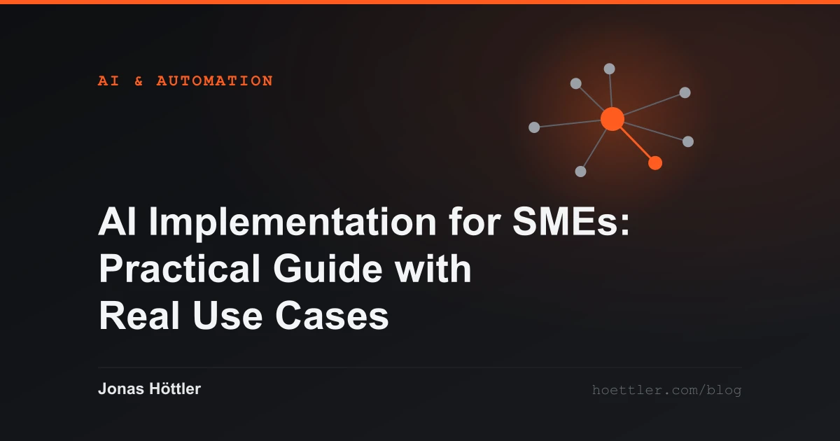 Abstract network of nodes with one highlighted hub as the cover image for the article „AI Implementation for SMEs: Practical Guide with Real Use Cases (2026)“
