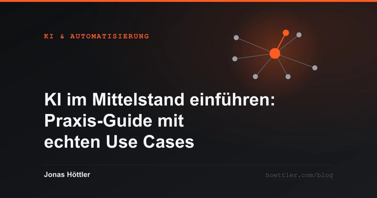 Abstraktes Netz aus Knoten mit einem hervorgehobenen Zentrum als Titelbild zum Artikel „KI im Mittelstand einführen: Praxis-Guide mit echten Use Cases (2026)“