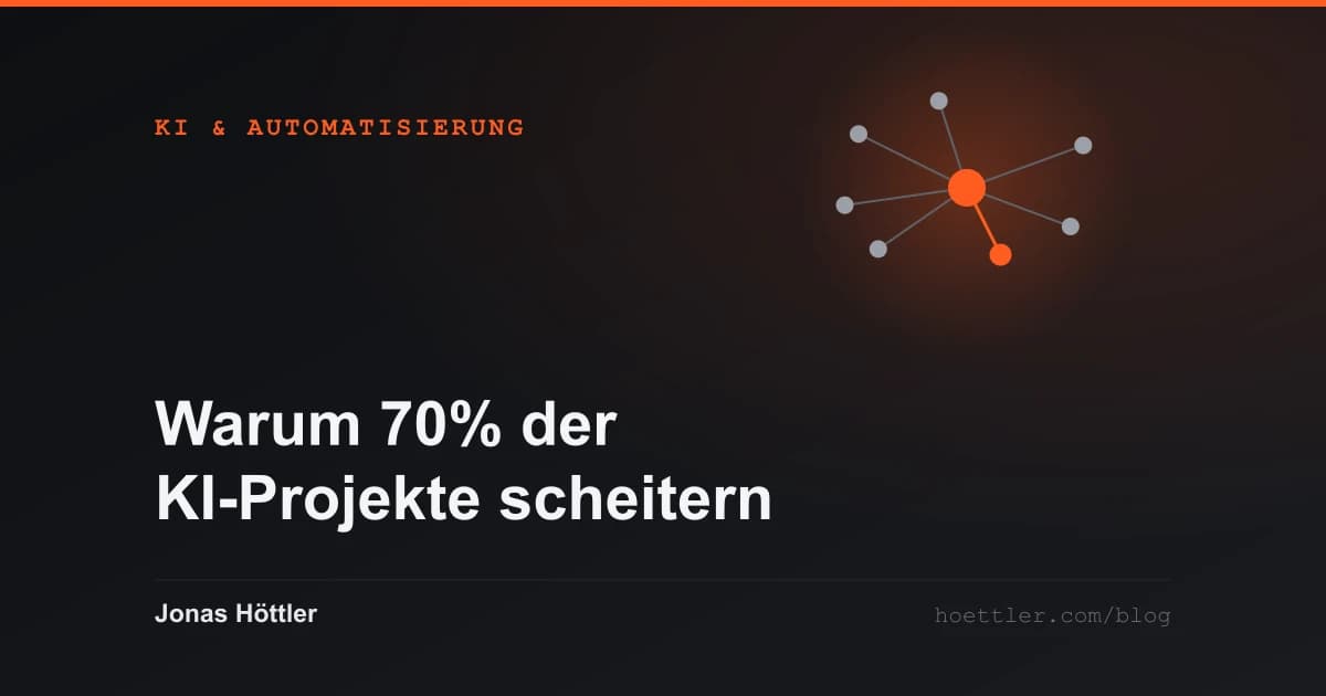 Abstraktes Netz aus Knoten mit einem hervorgehobenen Zentrum als Titelbild zum Artikel „Warum 70% der KI-Projekte scheitern – und wie du es besser machst“