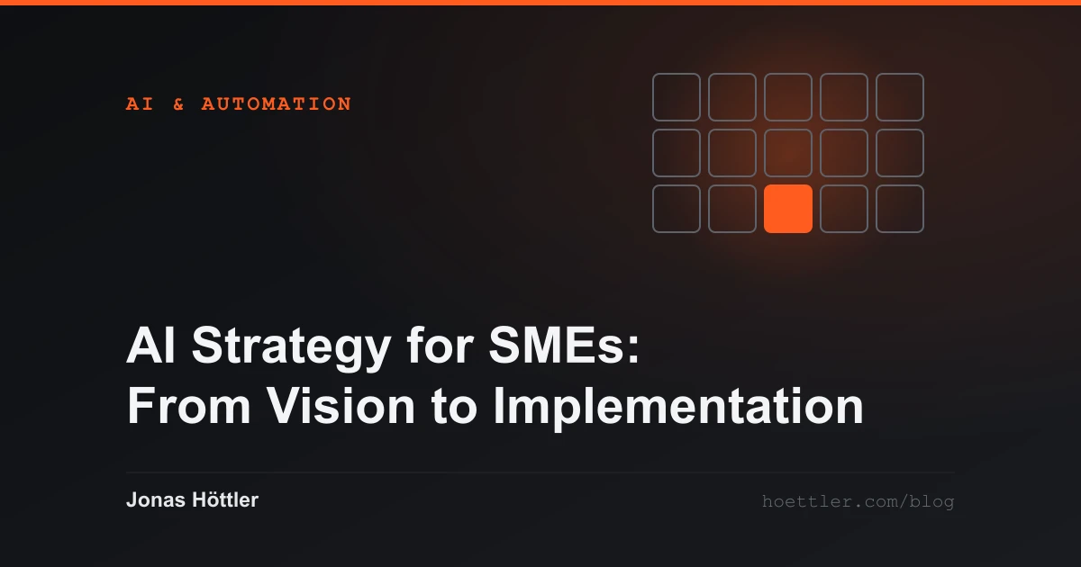 A grid of cells with a single cell claimed in colour as the cover image for the article „AI Strategy for SMEs: From Vision to Implementation“