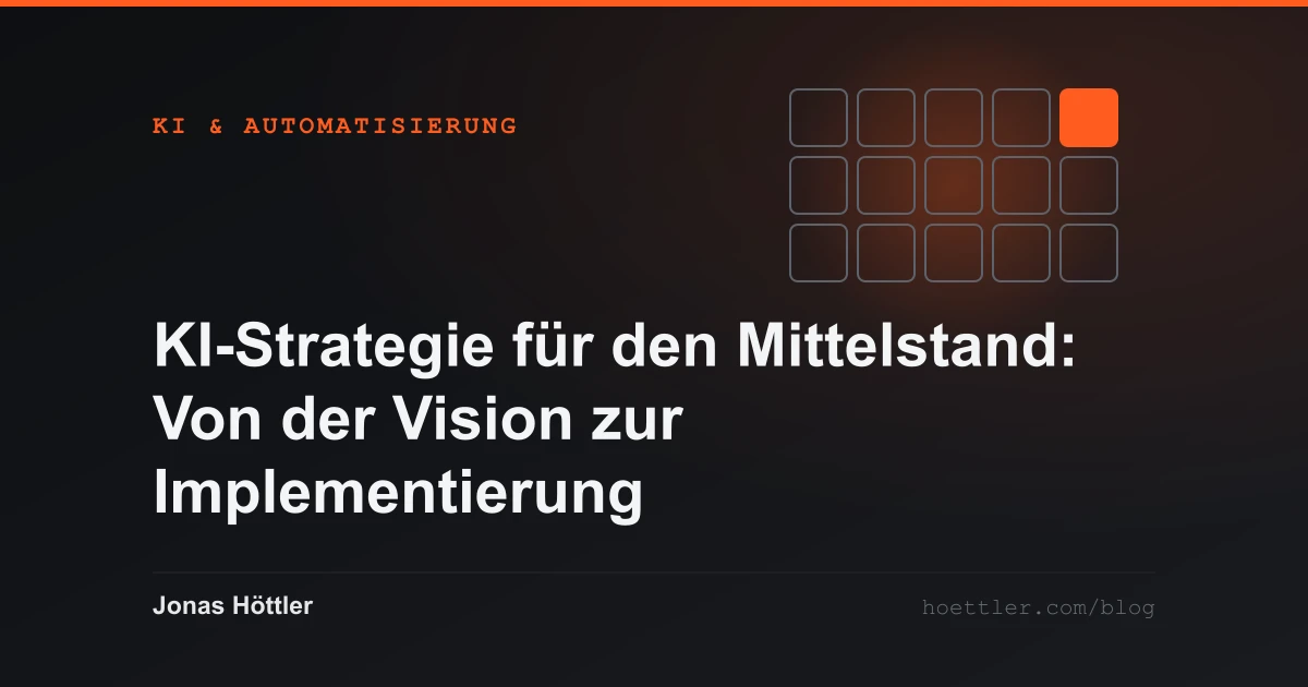 Raster aus Feldern, ein einzelnes Feld farblich belegt als Titelbild zum Artikel „KI-Strategie für den Mittelstand: Von der Vision zur Implementierung“