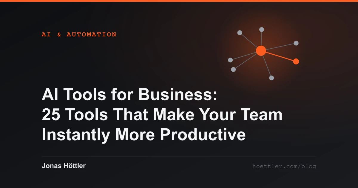Abstract network of nodes with one highlighted hub as the cover image for the article „AI Tools for Business: 25 Tools That Make Your Team Instantly More Productive“