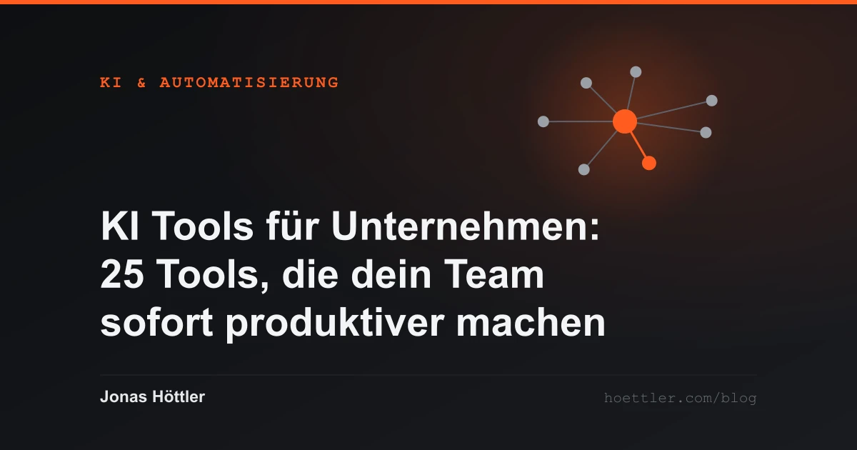 Abstraktes Netz aus Knoten mit einem hervorgehobenen Zentrum als Titelbild zum Artikel „KI Tools für Unternehmen: 25 Tools, die dein Team sofort produktiver machen“