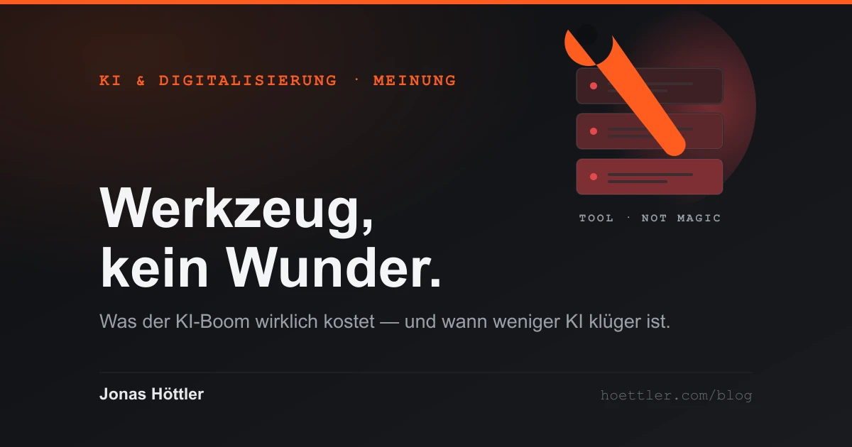 Ein Schraubenschlüssel vor einem überhitzten Rechenzentrum — Sinnbild dafür, KI als Werkzeug statt als Wunder zu behandeln