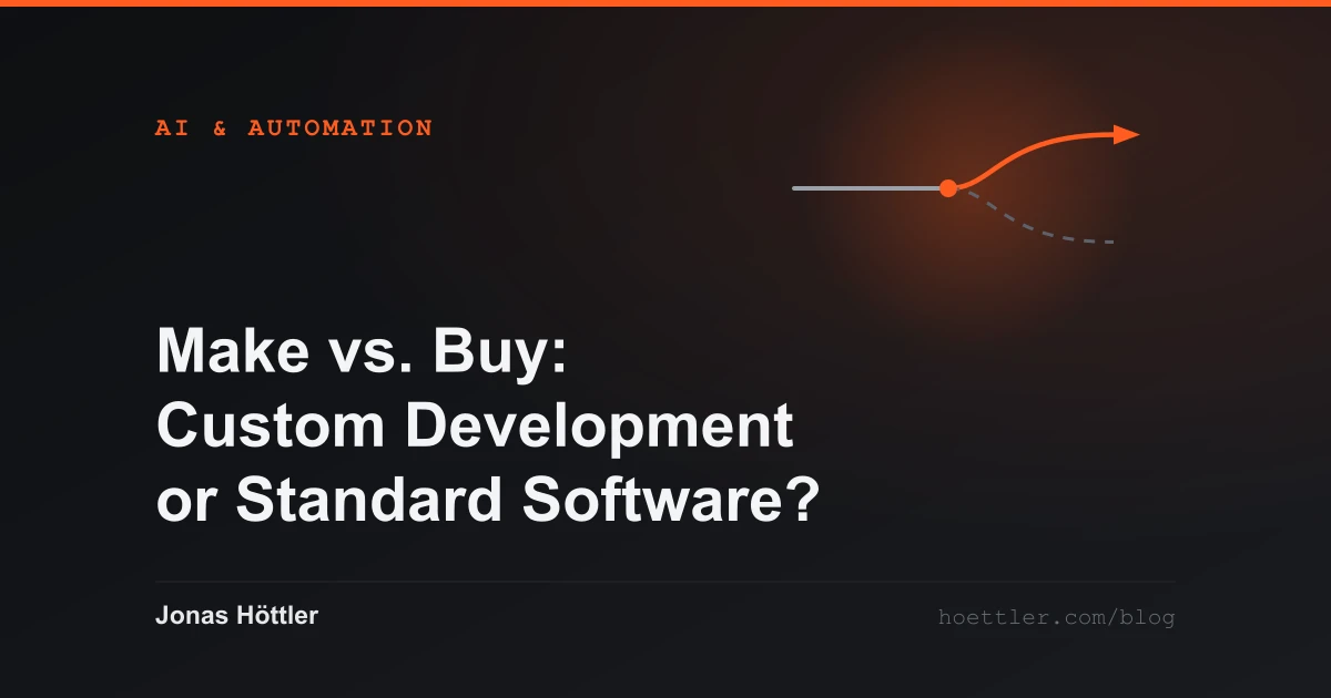 A path that splits, with only one branch carried on as the cover image for the article „Make vs. Buy: Custom Development or Standard Software?“