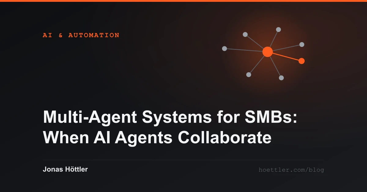 Abstract network of nodes with one highlighted hub as the cover image for the article „Multi-Agent Systems for SMBs: When AI Agents Collaborate“