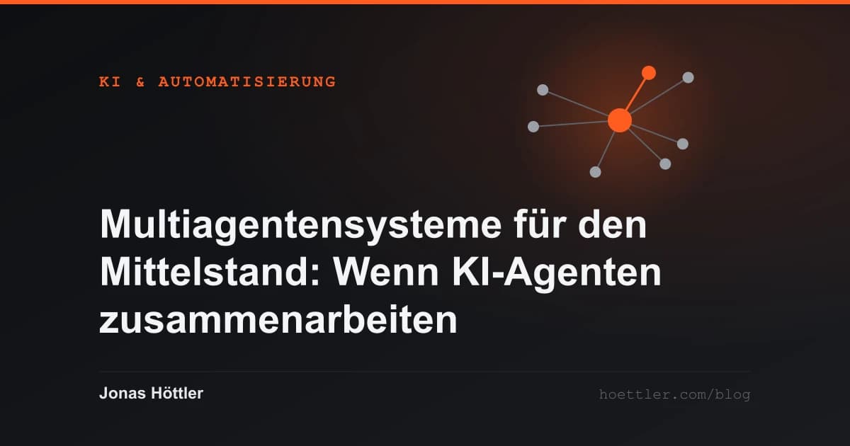 Abstraktes Netz aus Knoten mit einem hervorgehobenen Zentrum als Titelbild zum Artikel „Multiagentensysteme für den Mittelstand: Wenn KI-Agenten zusammenarbeiten“