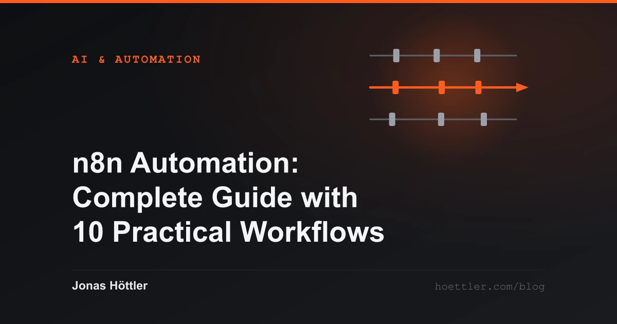 Three process lanes running through gates, one of them highlighted as the cover image for the article „n8n Automation: Complete Guide with 10 Practical Workflows“
