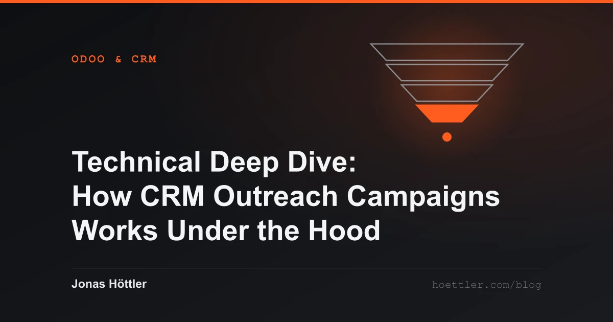 A four-stage funnel with a highlighted exit as the cover image for the article „Technical Deep Dive: How CRM Outreach Campaigns Works Under the Hood“