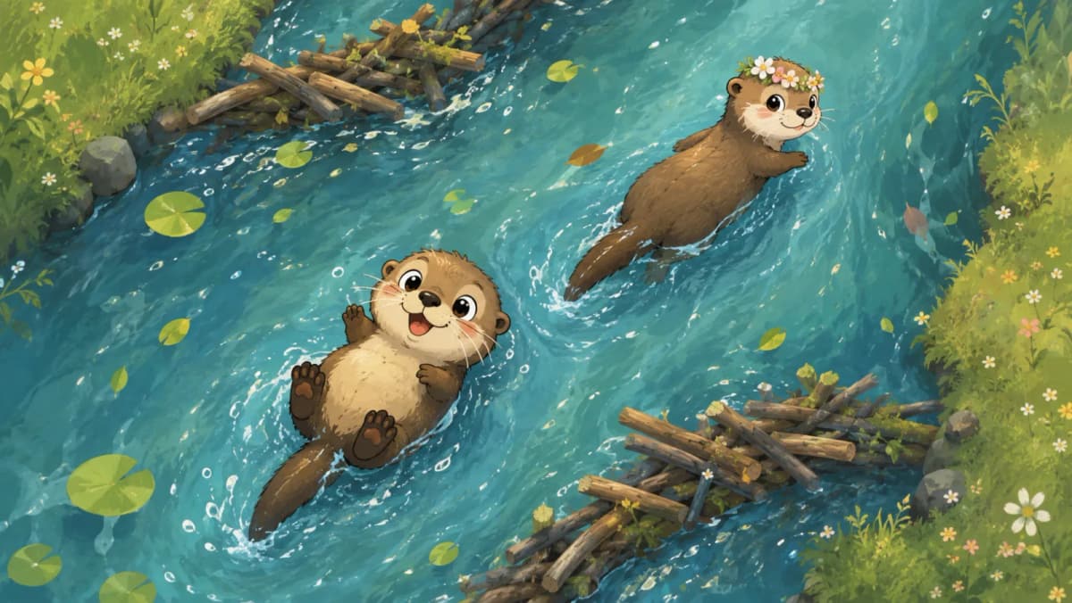 Two otters swimming up a river, one wearing a flower crown ahead — a scene from the game OtterSlide