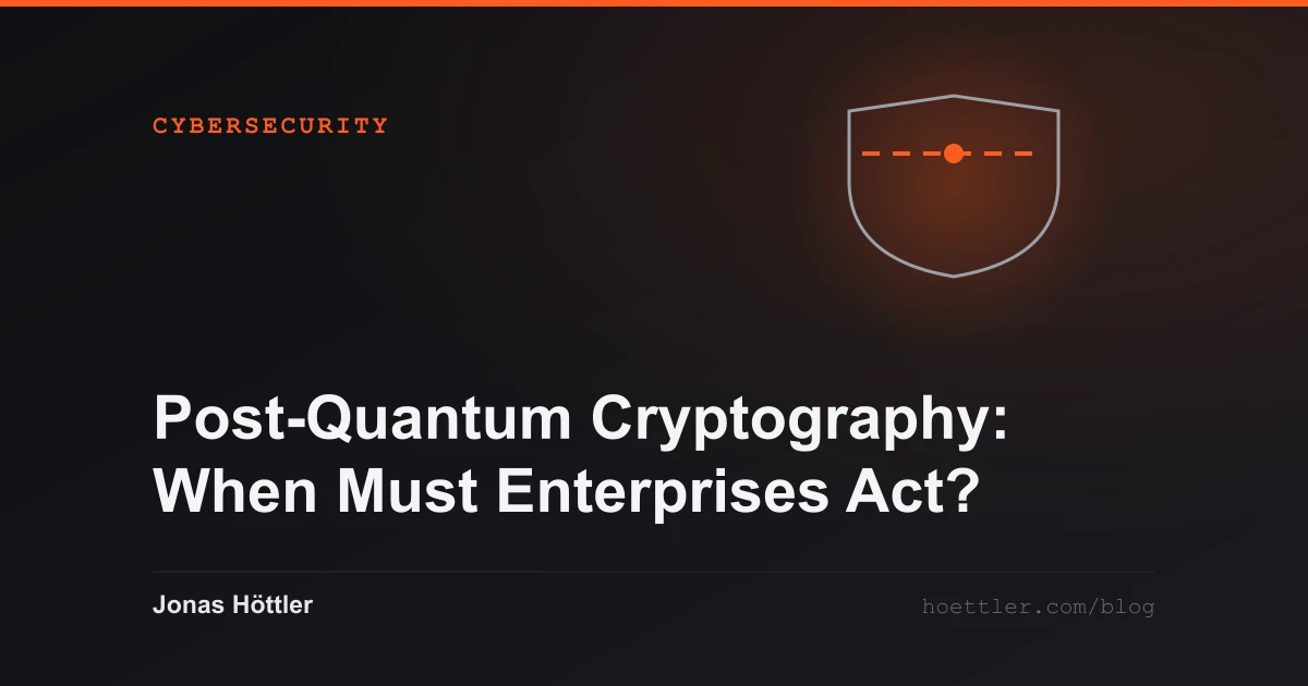 Outline of a shield with one breached line as the cover image for the article „Post-Quantum Cryptography: When Must Enterprises Act?“