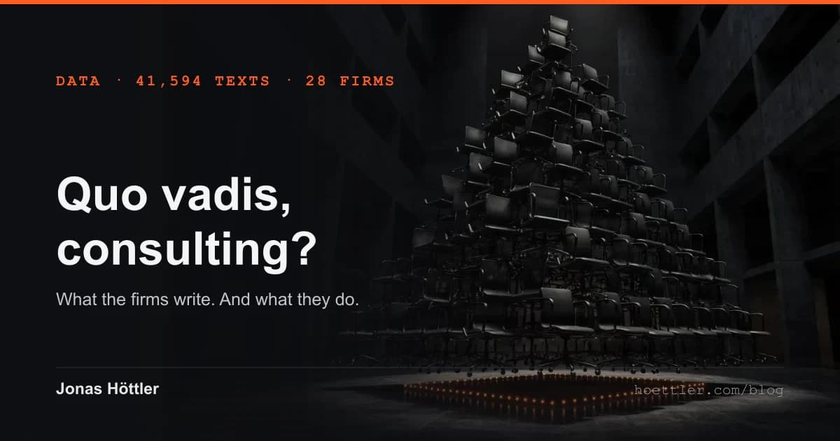 Photograph in house style: a pyramid of hundreds of black office chairs in a dark concrete hall. The pyramid does not stand on the floor but floats above a rectangle of small orange lights. Next to it the title 'Quo vadis, consulting?'.