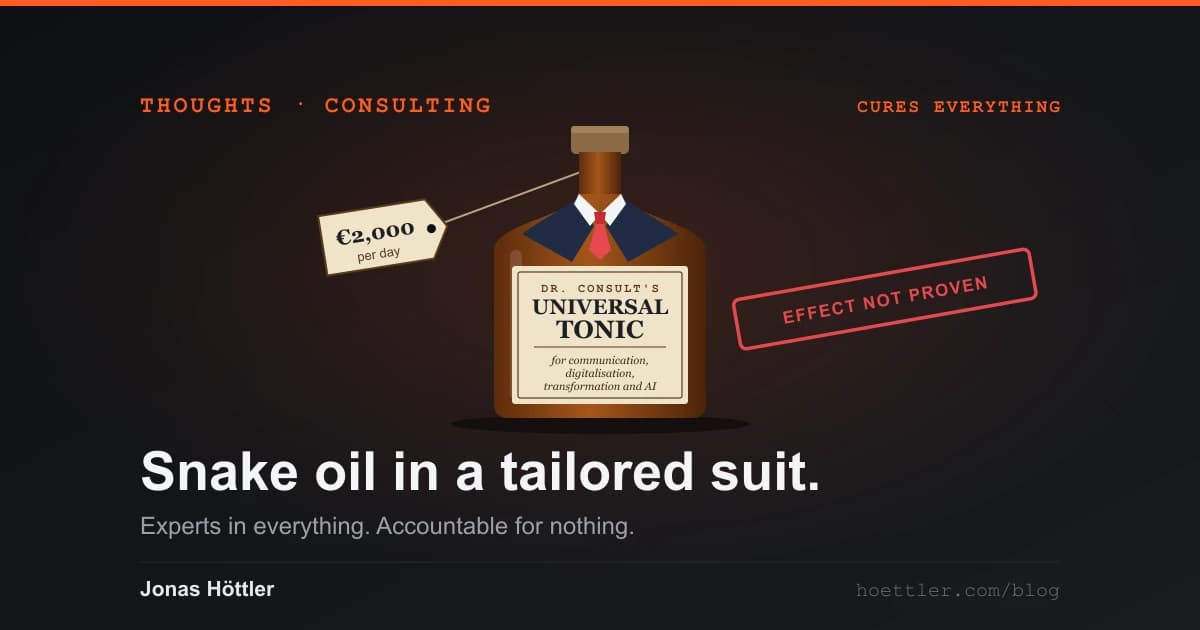 A brown tonic bottle wearing a shirt collar and tie, labelled 'Universal tonic for communication, digitalisation, transformation and AI', with a price tag of €2,000 per day and a red stamp 'Effect not proven'