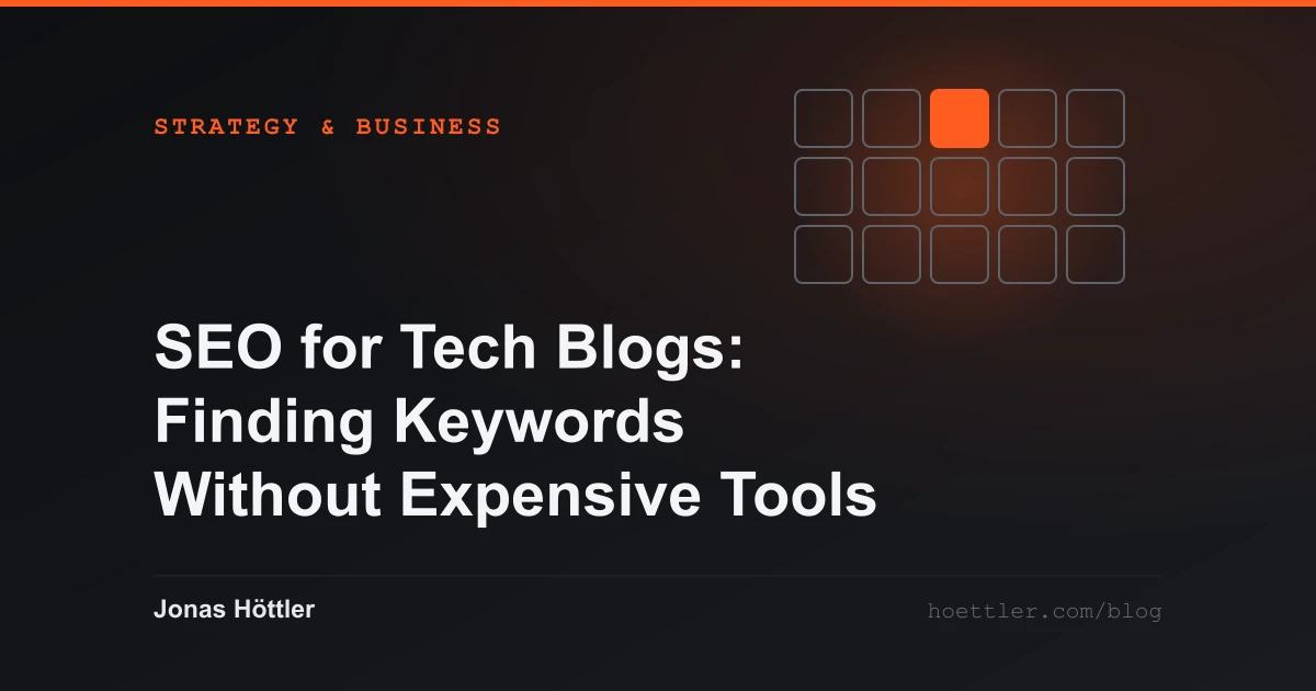 A grid of cells with a single cell claimed in colour as the cover image for the article „SEO for Tech Blogs: Finding Keywords Without Expensive Tools“