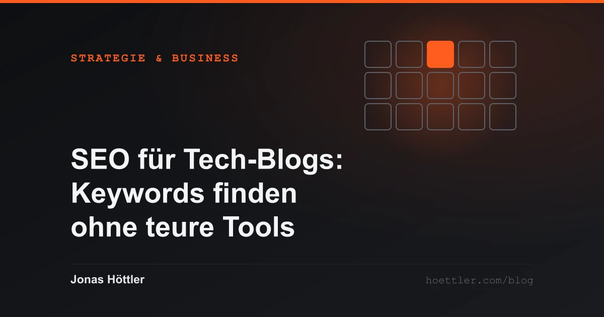 Raster aus Feldern, ein einzelnes Feld farblich belegt als Titelbild zum Artikel „SEO für Tech-Blogs: Keywords finden ohne teure Tools“