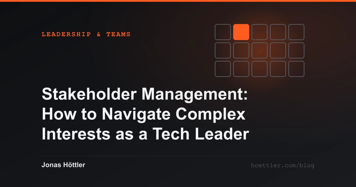 A grid of cells with a single cell claimed in colour as the cover image for the article „Stakeholder Management: How to Navigate Complex Interests as a Tech Leader“