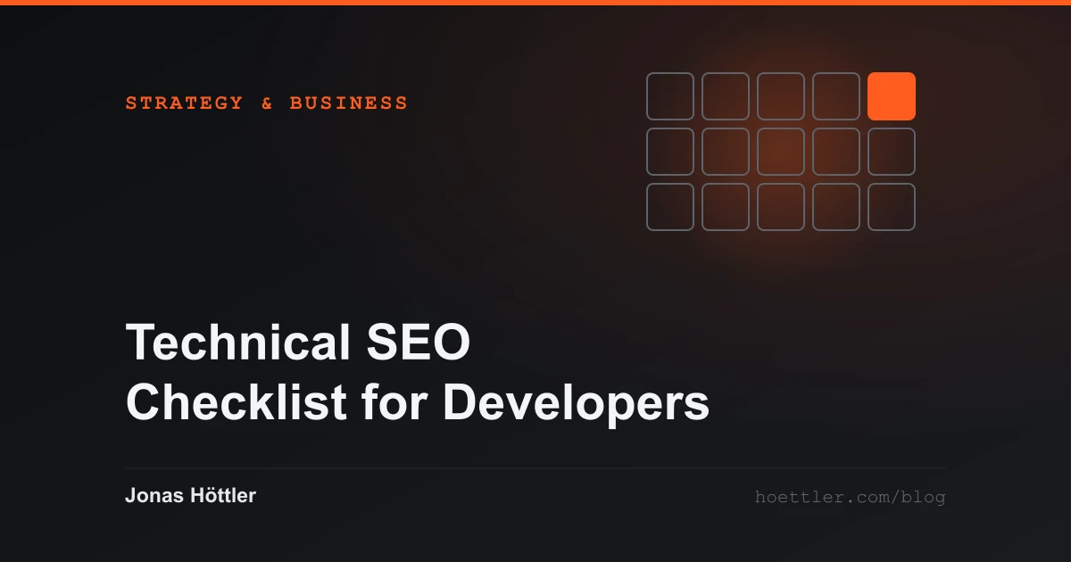 A grid of cells with a single cell claimed in colour as the cover image for the article „Technical SEO Checklist for Developers (2026)“