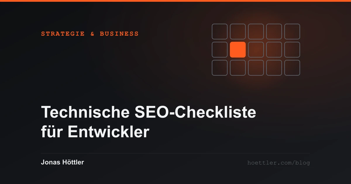 Raster aus Feldern, ein einzelnes Feld farblich belegt als Titelbild zum Artikel „Technische SEO-Checkliste für Entwickler (2026)“