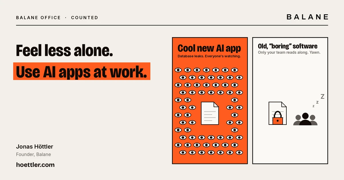 Graphic “Feel less alone. Use AI apps at work.” On the left an orange panel “Cool new AI app”, where dozens of eyes stare at a file; on the right a light panel “Old, ‘boring’ software” with a locked file and a small, bored team.