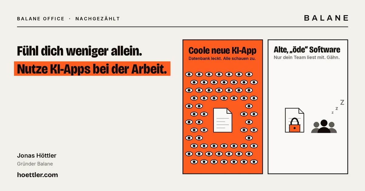 Grafik „Fühl dich weniger allein. Nutze KI-Apps bei der Arbeit.“ Links eine orangefarbene Fläche „Coole neue KI-App“, in der Dutzende Augen auf eine Datei starren, rechts eine helle Fläche „Alte, ‚öde‘ Software“ mit einer verschlossenen Datei und einem kleinen, gelangweilten Team.
