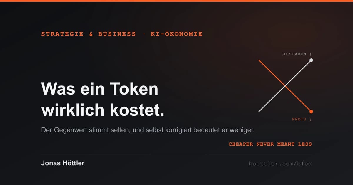 Dunkle Grafik im House-Stil: eine fallende Preislinie und eine steigende Ausgabenlinie kreuzen sich, dazu der Titel Was ein Token wirklich kostet.