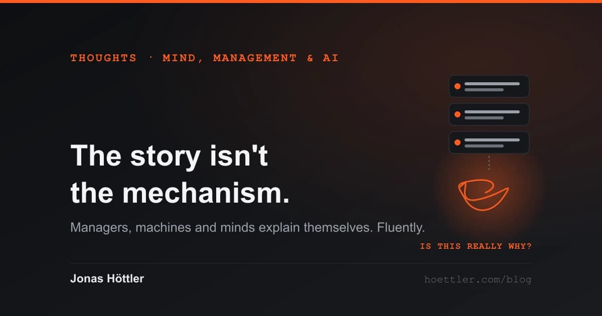 Three speech bubbles — a CEO, a chatbot, a human brain — each containing a tidy story, each connected by a dotted line to a tangled mechanism that looks nothing like it