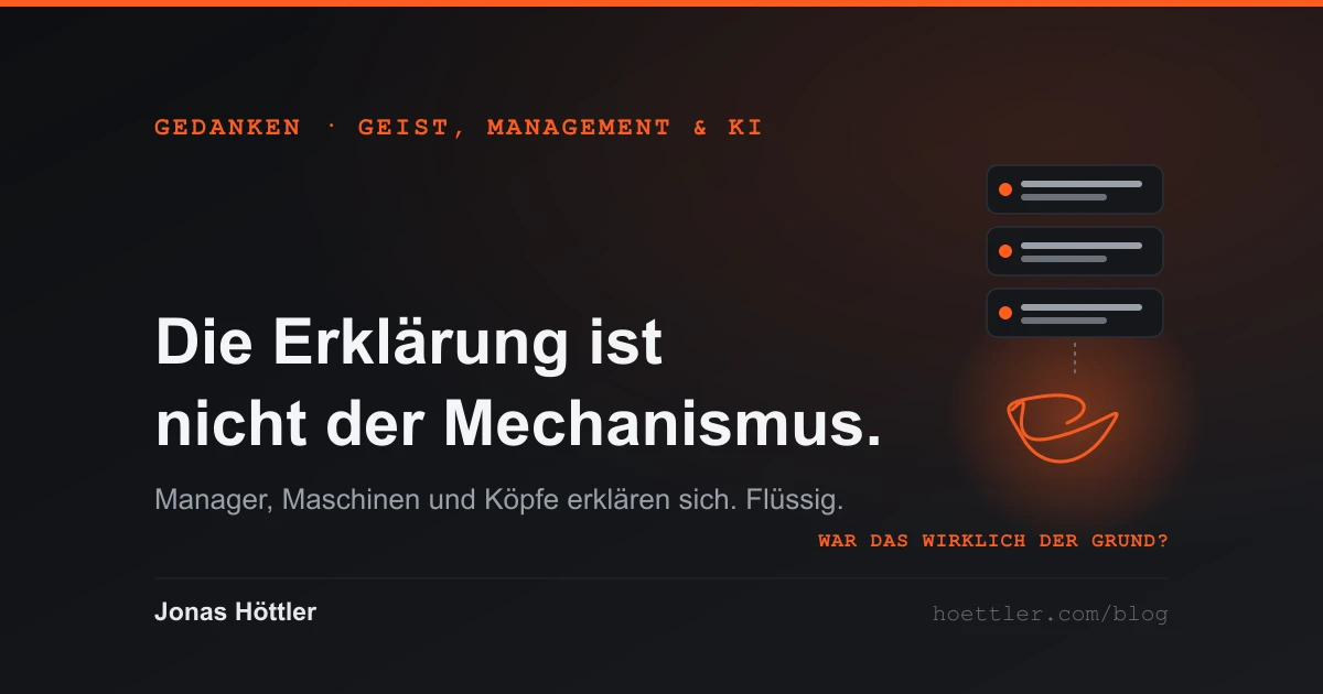Drei Sprechblasen — ein CEO, ein Chatbot, ein menschliches Gehirn — jede mit einer ordentlichen Geschichte, jede über eine gepunktete Linie verbunden mit einem verworrenen Mechanismus, der nichts damit zu tun hat