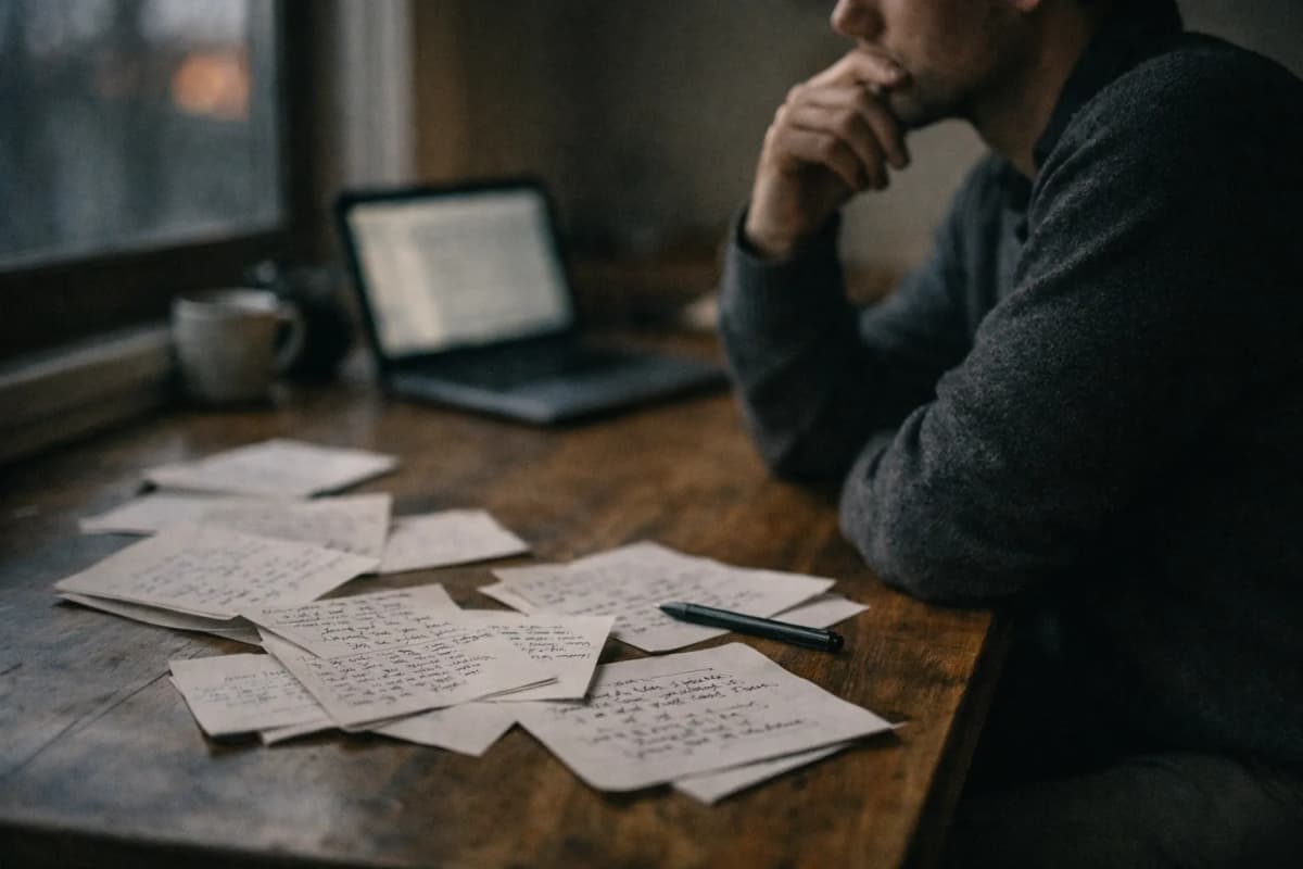 Schriftsteller gruebelt ueber Notizen am Schreibtisch in der Daemmerung - Symbol fuer nachdenkliches Schreiben im KI-Zeitalter