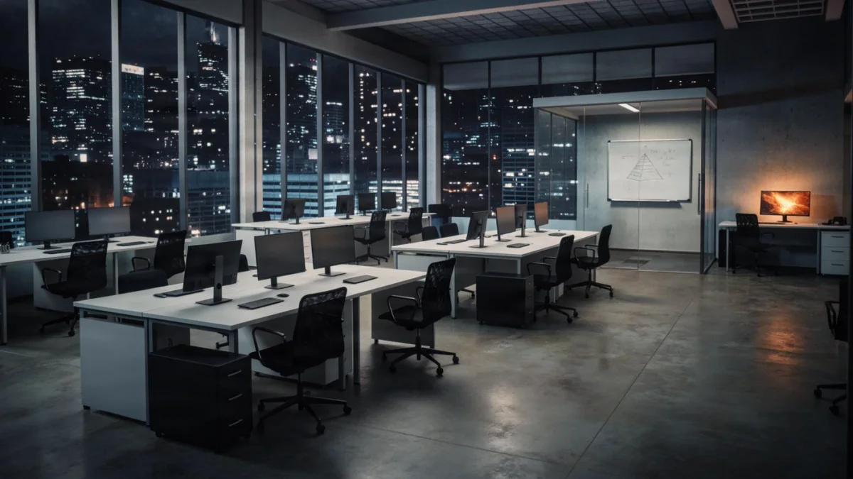 Fotografie: ein leeres Großraumbüro in einem Hochhaus bei Nacht. Reihen weißer Schreibtische mit dunklen Bildschirmen, nur ein Monitor in der hinteren Ecke leuchtet orange. In einem Glasraum hängt ein Whiteboard mit einer verblassten Pyramide.