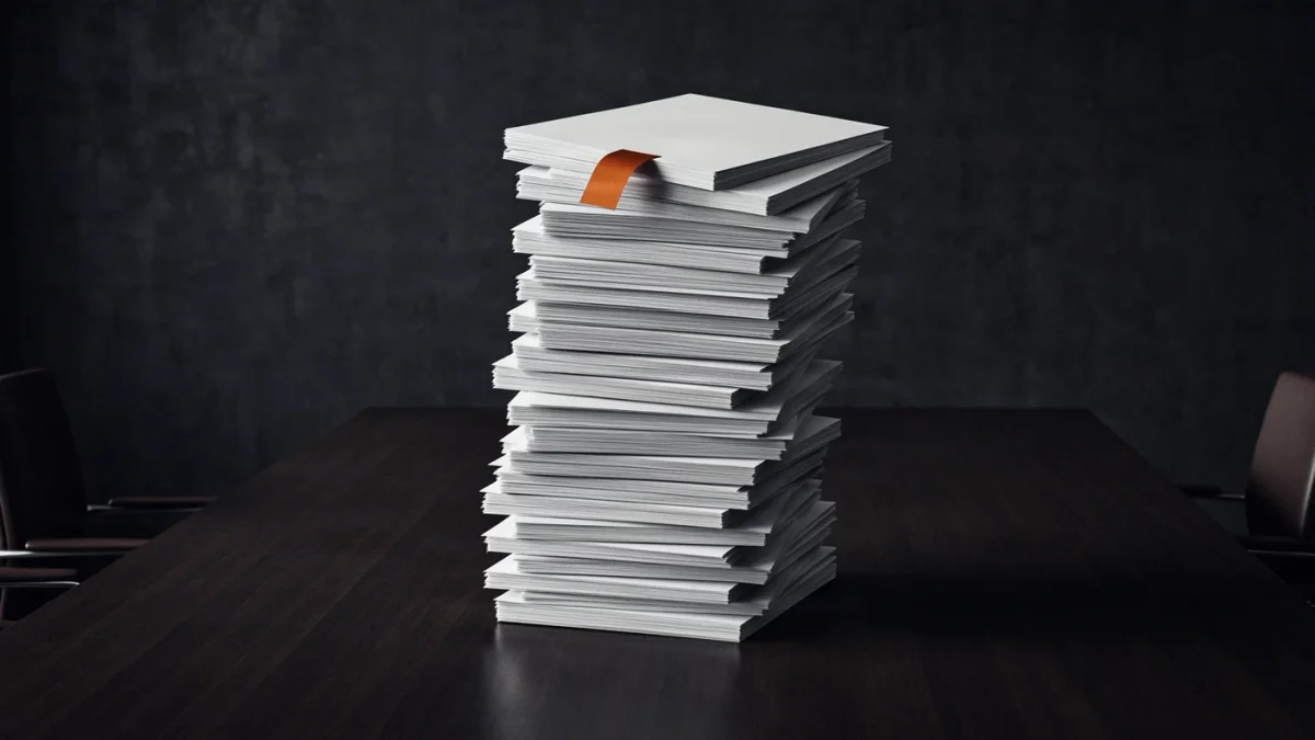 Fotografie: ein hoher, leicht schiefer Stapel identischer weißer Berichte ohne Aufschrift auf einem dunklen Konferenztisch. Nur aus dem obersten ragt ein oranges Lesezeichen.